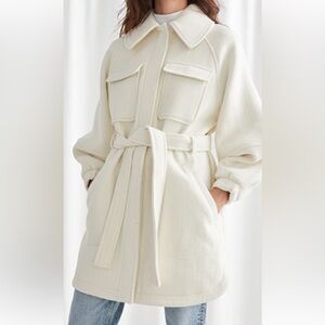 & Other‎ Stories Cream Wool Blend Belted Balloon Sleeve Coat